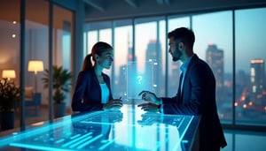 A team collaborating with AI tools to analyse data and enhance productivity, fostering a strengths-based approach to leadership.